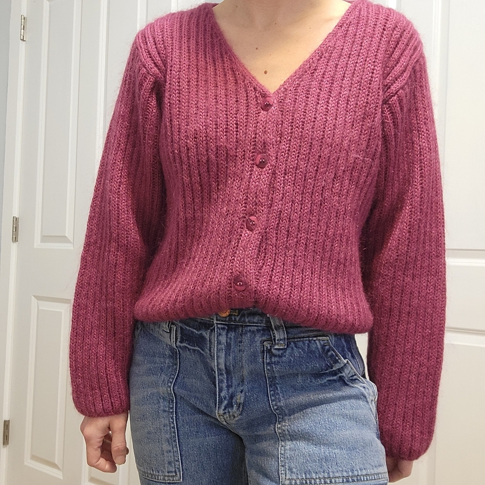 Vintage L.L.Bean Mohair Wool Blend Ribbed Cardigan Sweater Raspberry Pink Size M